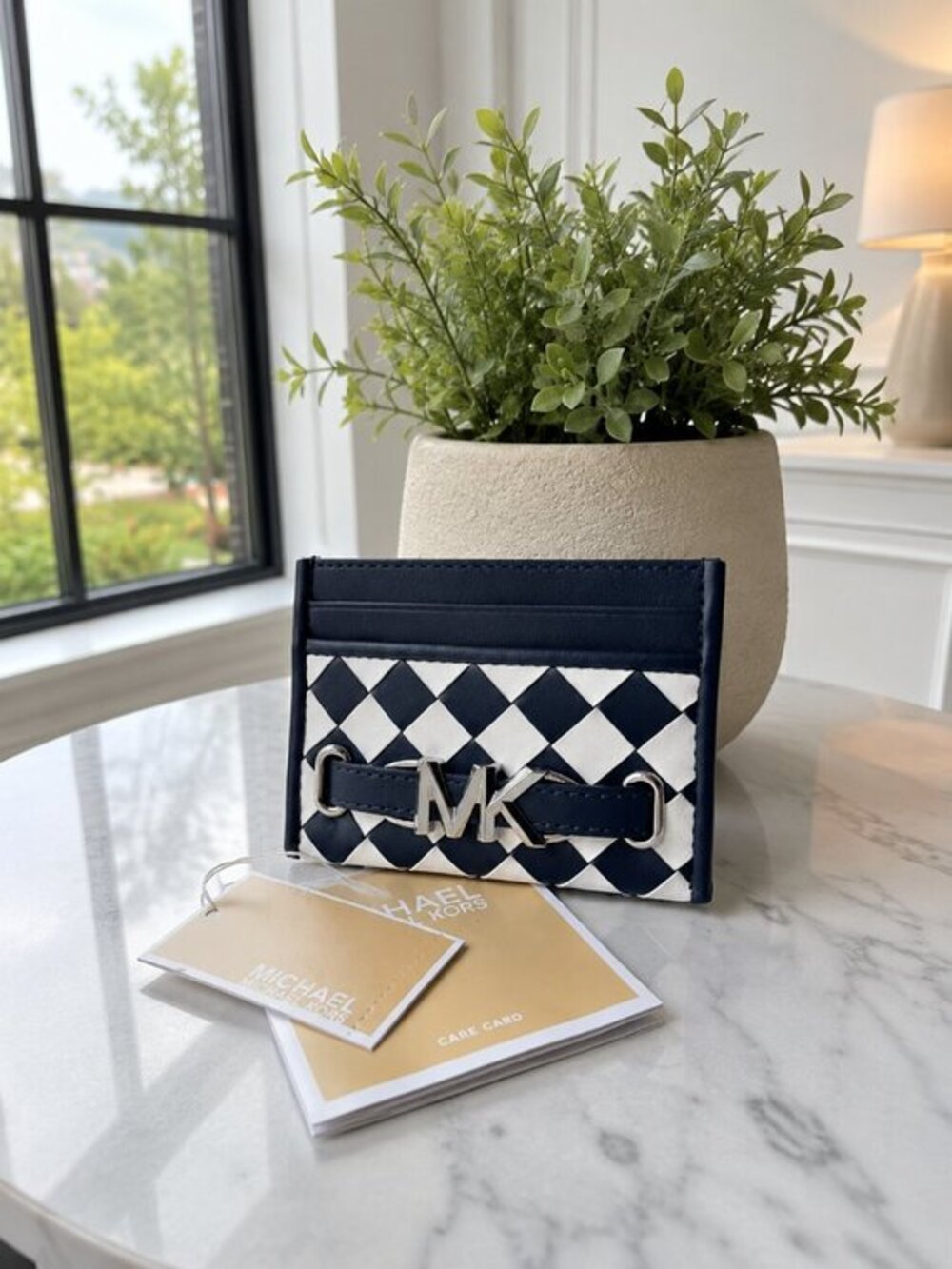 Michael Kors Reed Large Woven MK Card Holder Navy White NWT